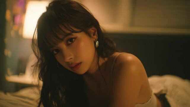 a pretty allure young Asian woman wearing tank top at home smiling to camera