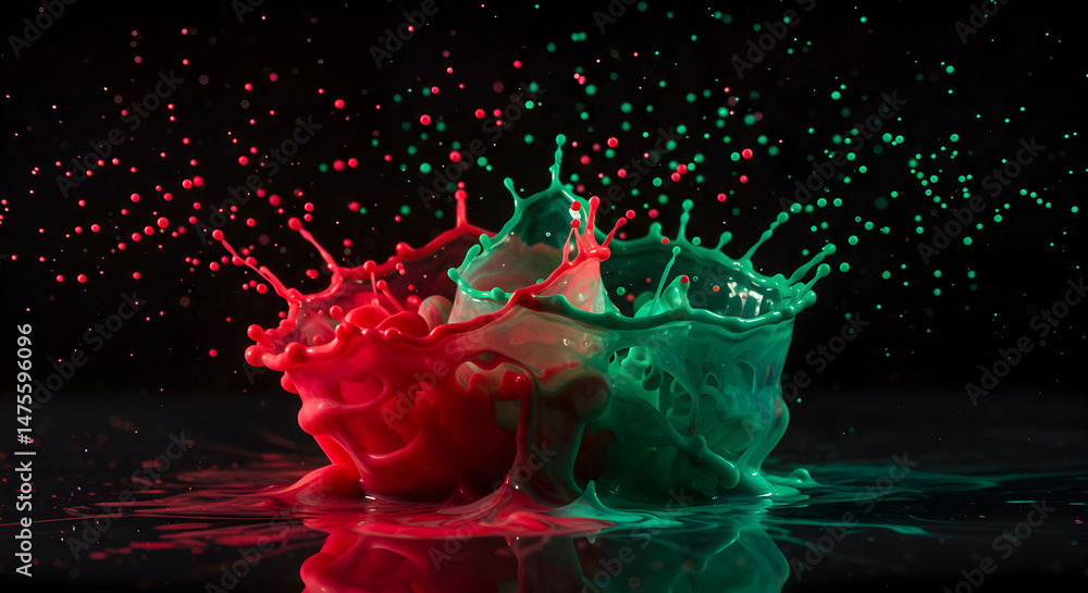Poster dynamic collision of vibrant liquids creating mesmerizing splashes on black background