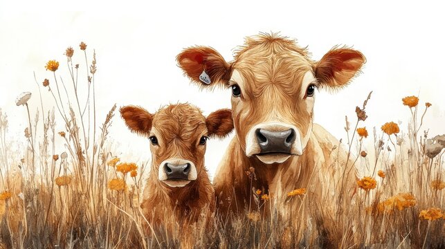 Two brown cows stand amid field, one adult, one calf, in naturalistic colors