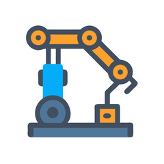 Cartoon industrial robot arm icon with manufacturing concept