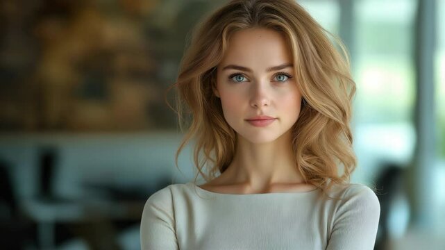 close up face young Caucasian woman with long blonde hair and tan shin at home, peaceful 