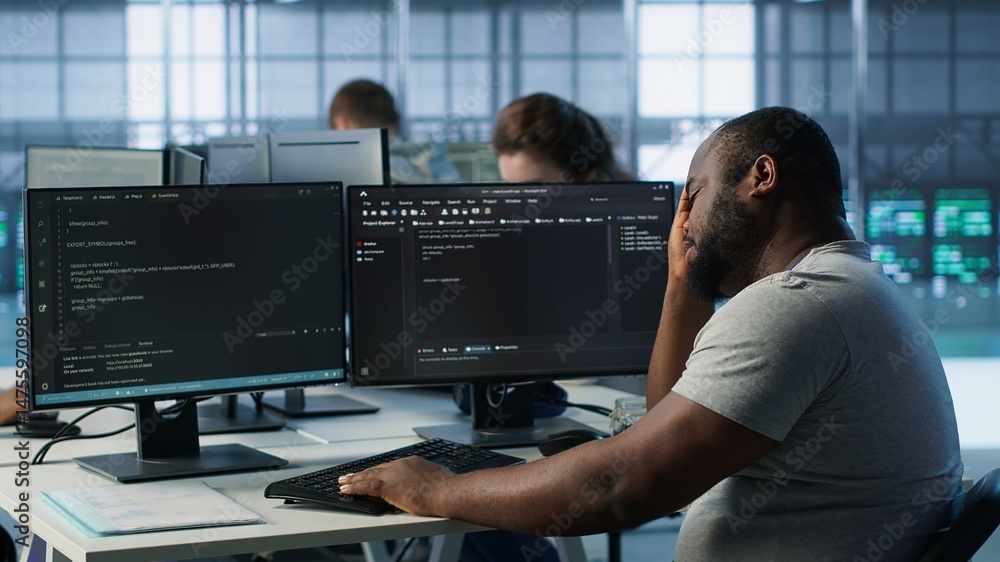 Poster system admin feeling ill, having fever while working in computer network security data center. sick 