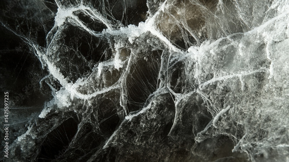 Poster intricate web patterns on a dark surface.