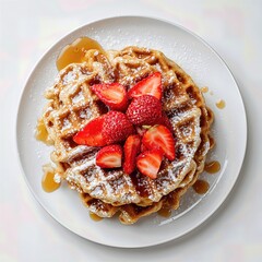 Delicious waffles topped with fresh strawberries, powdered sugar and syrup on a white plate white background top view