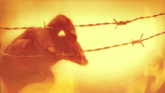 Hand Caught On Barbed Wire In Flames
