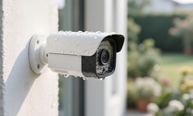 Weatherproof Outdoor Security Camera with Water Droplets on White Housing Mounted Against Blurred Green Garden Background
