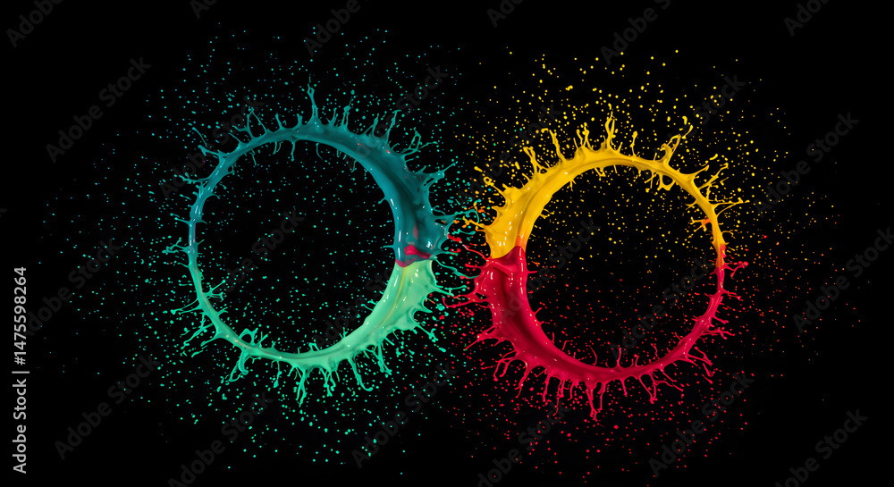 Poster fluid harmony dynamic paint splashes forming abstract circle shapes