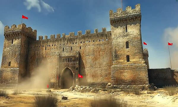 Majestic ancient fortress with red flags standing tall in a desert landscape under a blue sky