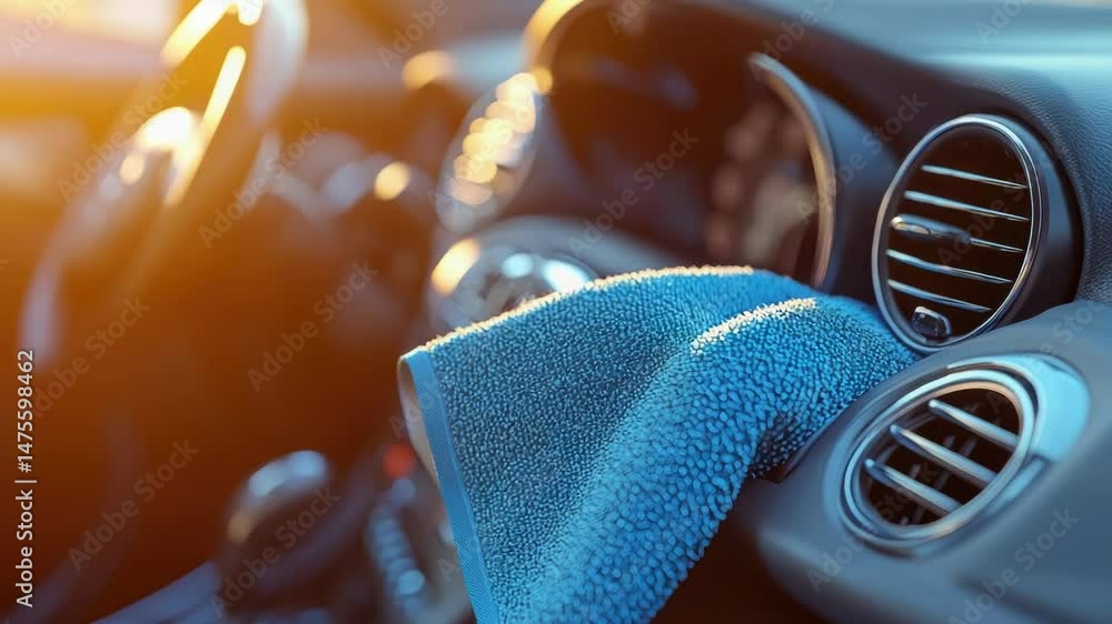 Poster a close-up view of a car dashboard featuring a blue towel