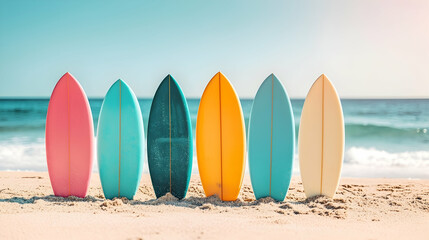 Colorful surfboards stand on sandy beach, ocean background; summer vacation, travel, surfing