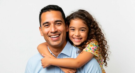 A father and daughter smiling embracing each other against white background