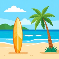 Minimal Vector Illustration of Tropical Beach Vacation Scene with Palm Trees and Surfboards