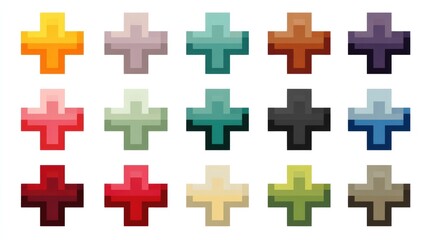 Obraz premium A set of colorful pixelated crosses arranged in a bright grid with a variety of shades