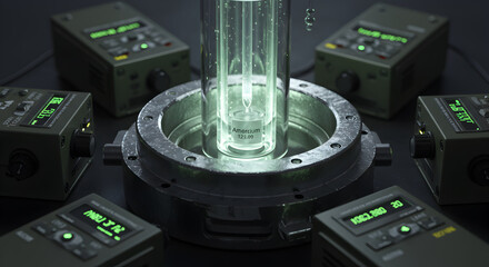 Americium Analysis Setup With Vintage Measuring Instrument Surrounding Radioactive Isotopes