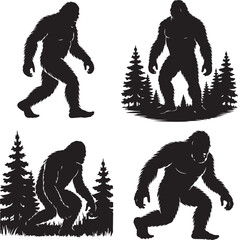 Fototapeta premium Bigfoot Walking Through Forest SilhouetteLegend of the Sasquatch Vector SceneMysterious Bigfoot Shadow in TreesCryptid in the Wilderness Silhouette ArtBigfoot Sighting Silhouette Design