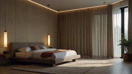 Modern bedroom interior with minimalist design.