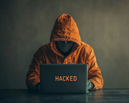 Hooded Hacker with Laptop, and Hacked.