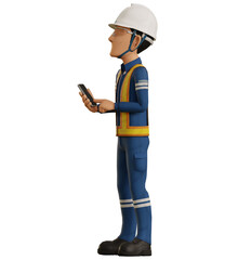 Isolate industrial worker is using the mobile phone on transparent background
