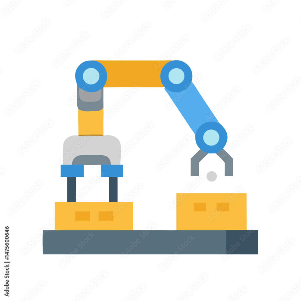 Poster robotic arm handling object on assembly line illustration