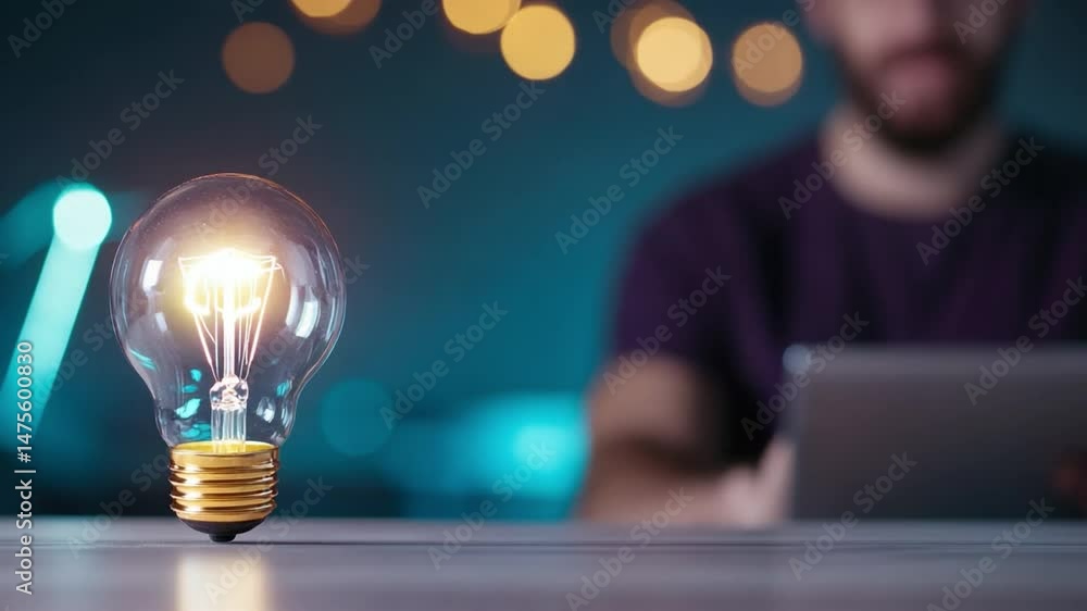 Poster spark of inspiration: a glowing light bulb symbolizes creative innovation and new ideas, with a pers
