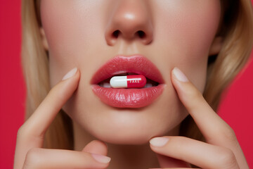Obraz premium Close-up of a Woman's Mouth Holding a Pill with 'Fake' Written on It. A Striking Image Exploring Deception, Appearance, and Reality in Beauty and Healthcare.