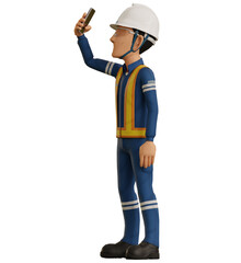 Isolate industrial worker is using the mobile phone  to taking a photo on transparent back ground