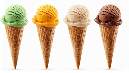 a scoop of ice cream on cones with different flavors isolated on white background