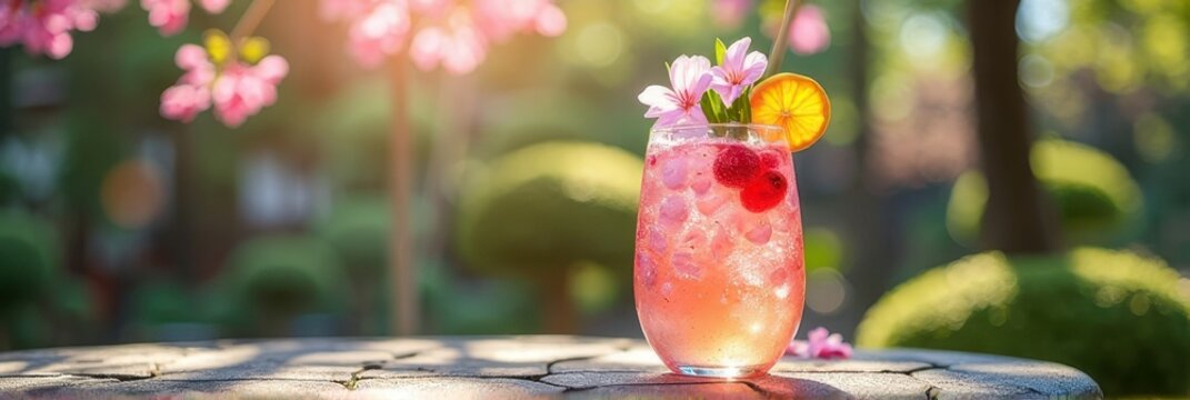 Refreshing pink lemonade with raspberries and flowers on a sunny day