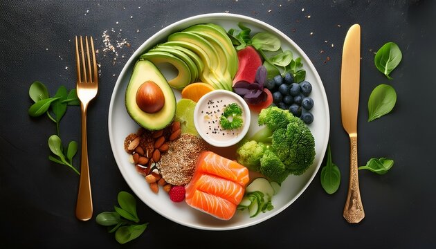 balanced meal plate plan top view of a plate with balanced portions of food a concept of nutrition diet and healthy eating