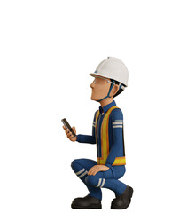Isolate industrial worker is using the mobile phone on transparent background