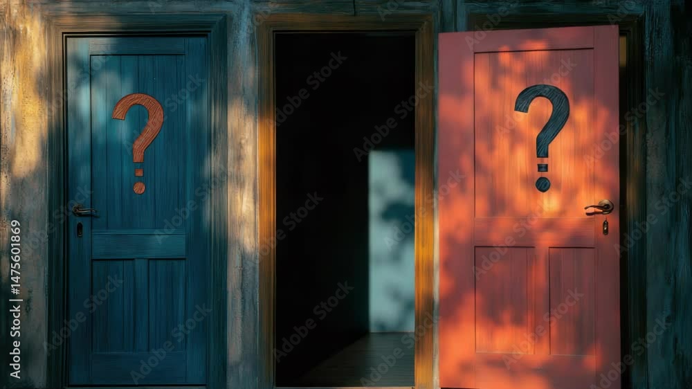 Poster A series of doors with question mark symbols on them, often used for unknown or uncertain destinations