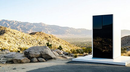 Geometric White Cube Home in Desert Landscape with Black Windows