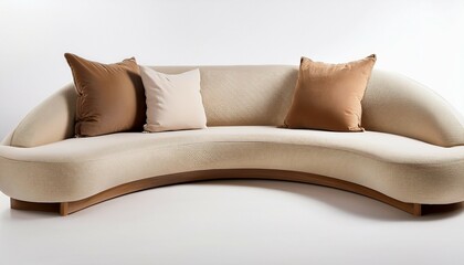 a modern beige curved sofa with three cushions two beige and one brown against a white background
