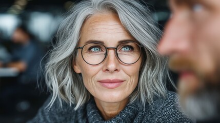 Thoughtful older woman with grey hair wearing glasses in a modern indoor setting, looking to the side with a contemplative expression, natural light ambiance