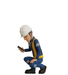 Isolate industrial worker is using the mobile phone on transparent background