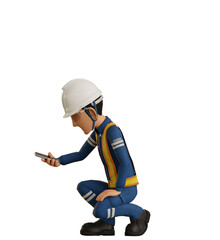 Isolate industrial worker is using the mobile phone  to taking a photo on transparent back ground