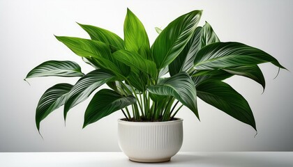 potted plant with green big leaves and white ceramic pot isolated on white background