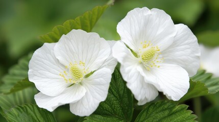 Fototapeta premium Beautiful white flowers with delicate petals and vibrant yellow centers surrounded by lush green leaves in a tranquil garden setting