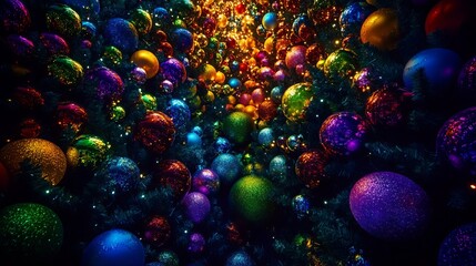 Fototapeta premium Vibrant colorful christmas tree ornaments festive holiday decorations red joy blue gold dark shiny