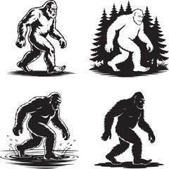 Fototapeta premium Bigfoot Walking Through Forest SilhouetteLegend of the Sasquatch Vector SceneMysterious Bigfoot Shadow in TreesCryptid in the Wilderness Silhouette ArtBigfoot Sighting Silhouette Design