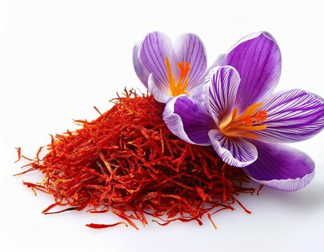 pile ovf dried saffron and crocus flower isolated on white background