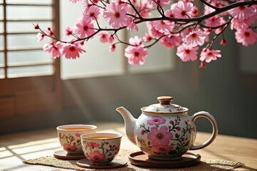 Fototapeta premium Serene pink cherry blossom teatime scene with floral teapot and cups
