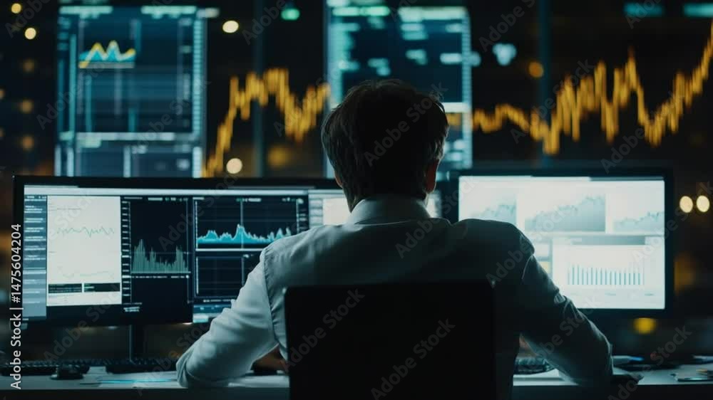 Poster focused financial analyst observing market trends and data on multiple monitors