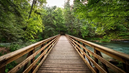 Fototapeta premium serene wooden bridge over a tranquil river in lush forest