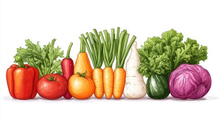Vibrant array of fresh produce peppers, tomatoes, carrots, cabbage, greens, and various vegetables