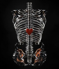 Transparent anatomical model of a human ribcage with a heart symbol in the center, highlighting the connection between music and anatomy in a creative visual display