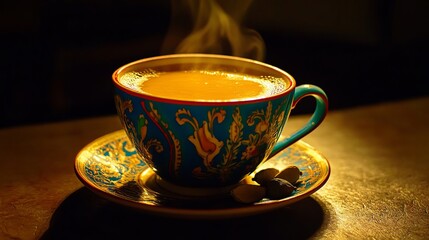 Fototapeta premium Warm aromatic tea in ornate blue cup steaming hot drink gold cozy food life dark still image photo