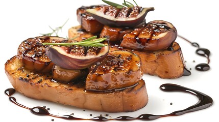 Pan-seared foie gras on brioche toast with fig jam and balsamic reduction, isolated on white background.