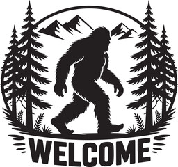 Fototapeta premium Bigfoot Walking Through Forest SilhouetteLegend of the Sasquatch Vector SceneMysterious Bigfoot Shadow in TreesCryptid in the Wilderness Silhouette ArtBigfoot Sighting Silhouette Design