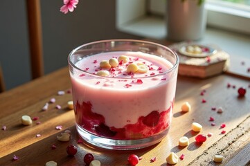 Fresh berry yogurt parfait with white chocolate garnish on wooden table